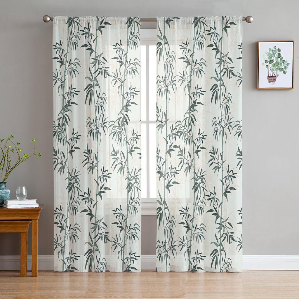 Bamboo Green White Chinese Style Plant Tulle Sheer Curtains for Living Room Bedroom Kitchen Decoration Voile Organza Curtains