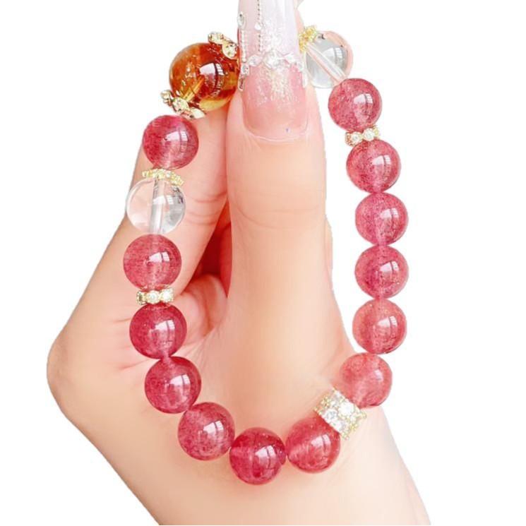 Natural Collectible Grade Strawberry Quartz10mm Women's Bracelet with Yellow Crystal Beads, Original Design