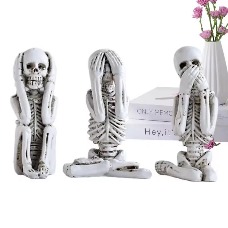 Creepy Skull Statue Set for Halloween – Dark Resin Art Decor (Three Wise Monkeys Inspired
