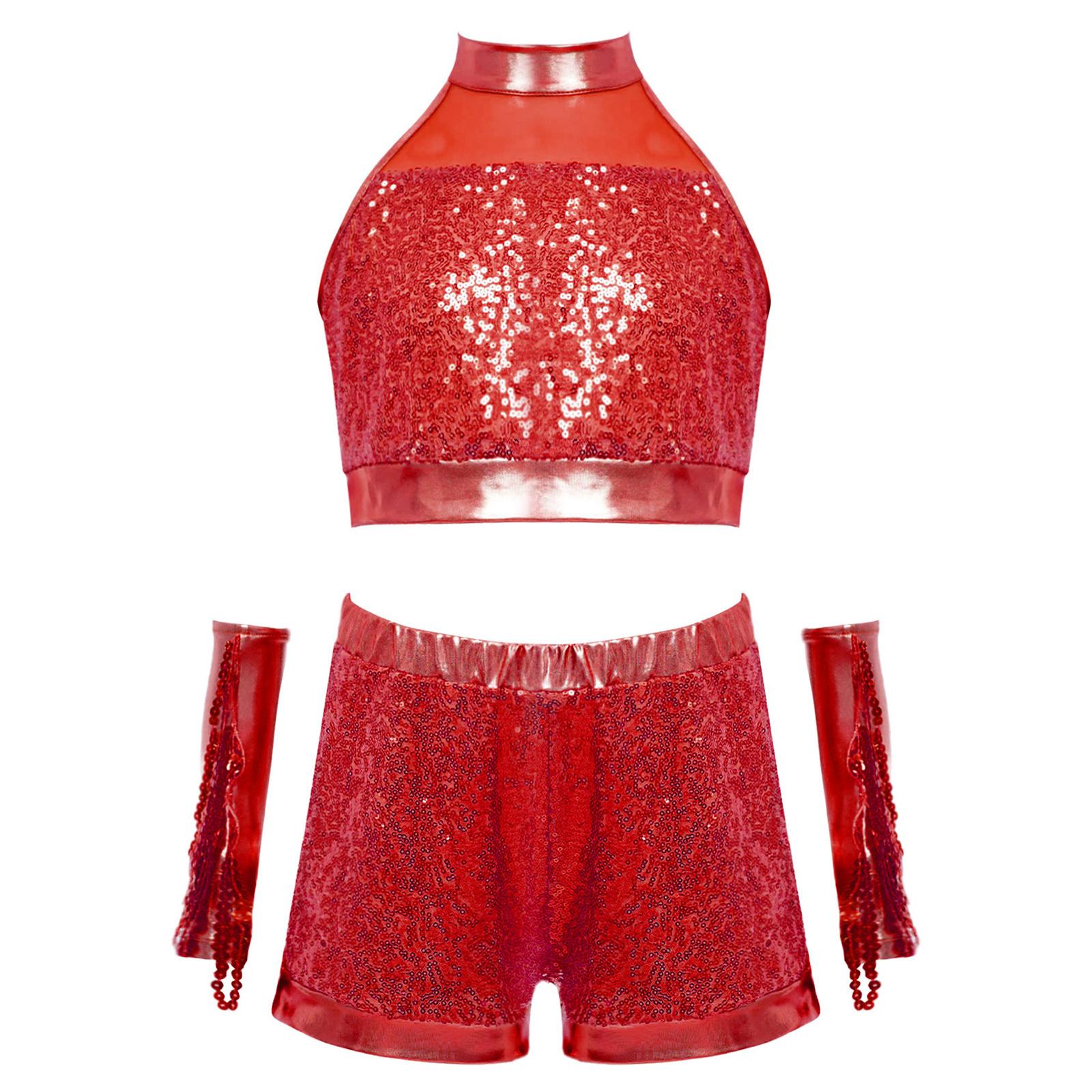 

Girls Dance Performance Set Sleeveless Crop Top Keyhole Back Glittery Sequin Design Shorts Tassels Gloves 5-6 Years червоний