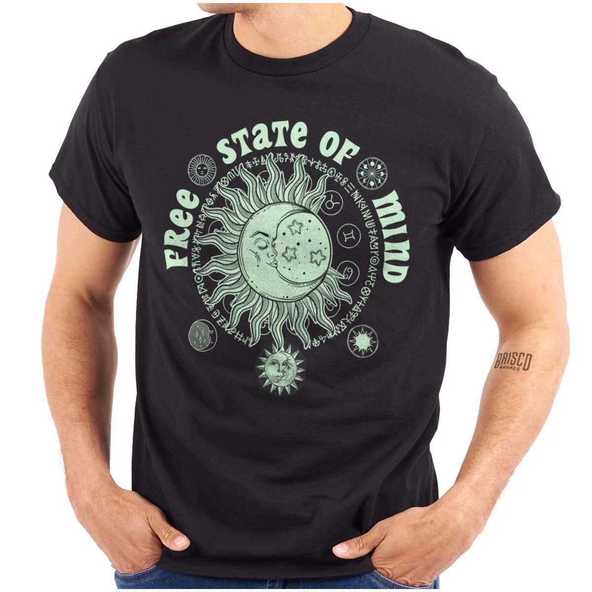 Свободный Разум Небесное Солнце Луна Лицо Женская или Мужская Футболка с Круглым Вырезом 100% Хлопок Мужские Футболки Верхняя Футболка 4XL