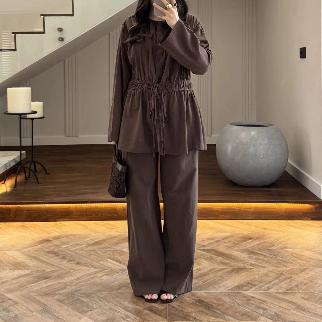 European and American Amazon Women's New Crew Neck Long Sleeve Drawstring Waist Top High Waist Wide Leg Pants Casual Suit
