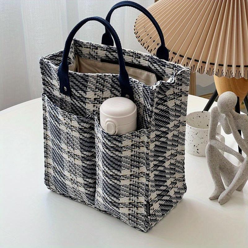Thick Polyester Tote Bag Large Capacity Minimalist Plaid Pattern with Zipper Closure, Reinforced Handles for Work, Shopping & Daily Essentials