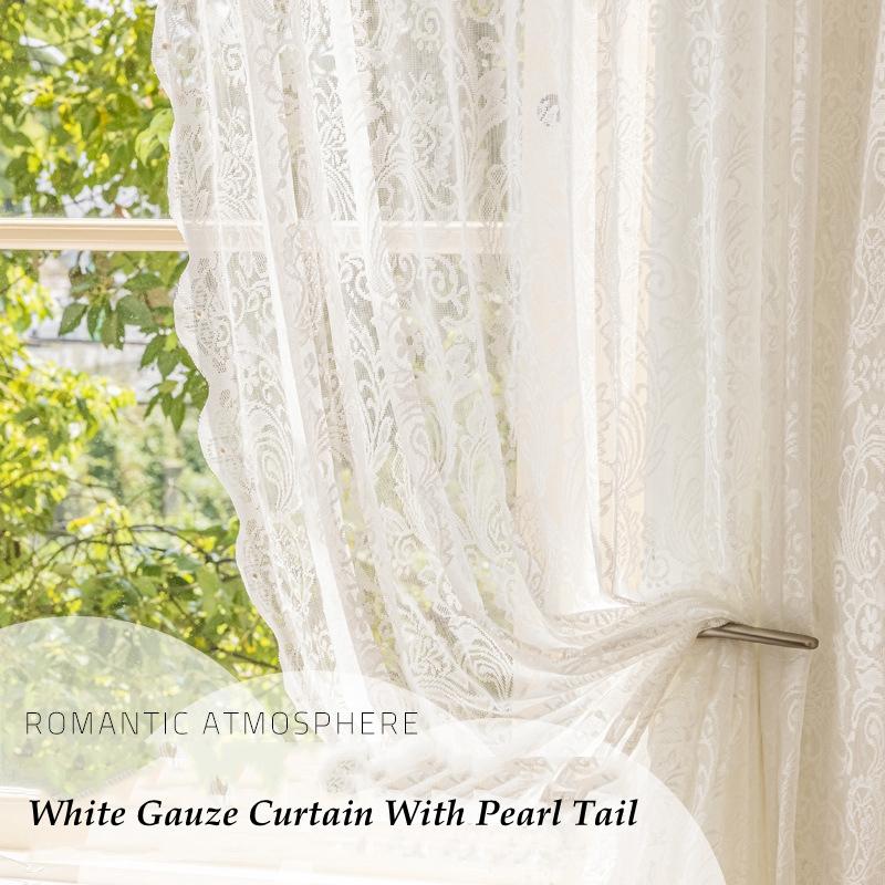

Romantic French Curtain Lace Curtain Finished American Pastoral Vintage Pearl White Tulle Fabric Room Bedroom Punch Hook Yarn W135 x H100cm&Threading Rod