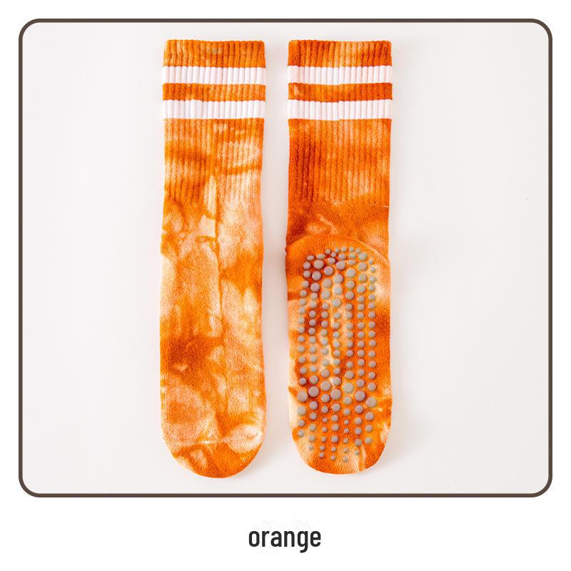 Damfärgglada batikmönstrade halkfria frottésockor i mellanhöjd av bomull för yoga och pilates