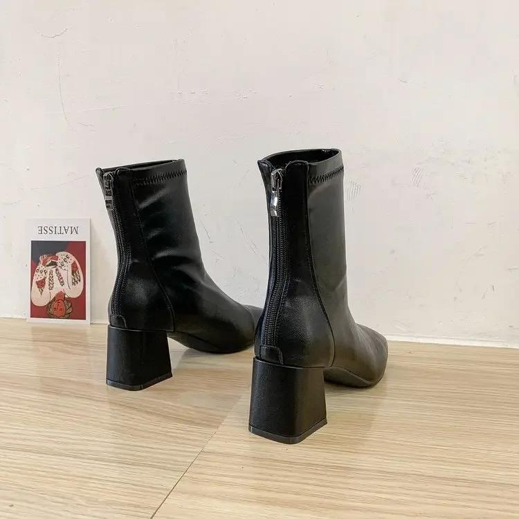 Fashion Chunky Heels Ankle Boots for Women Autumn Winter British Style PU Leather Short Boots Female Comfort Thick Heel Botines Mujer