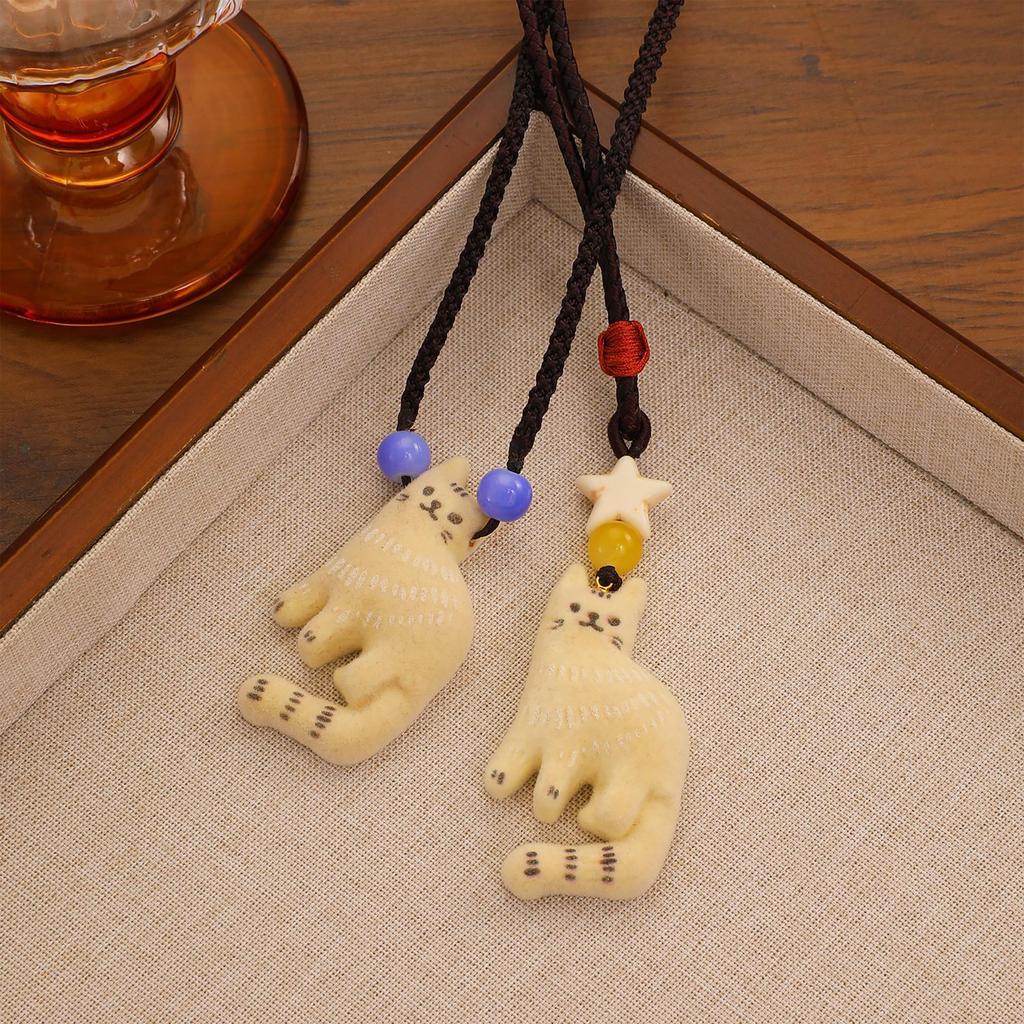 Herbst Winter Retro Stil Beige Grau Kätzchen Halskette Anhänger Pulloverkette