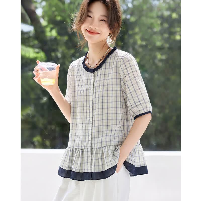 TERRE BLEUE Women s Plaid Short-Sleeve Shirt L