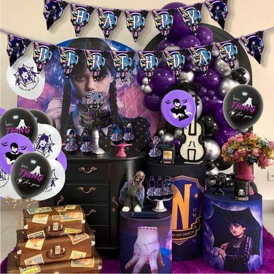 Wednesday Addams Party Supplies Includes Banner, Cupcake Toppers, Balloons