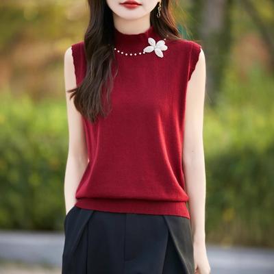 Gilet Maglia Senza Maniche Girocollo Alto a Petalo con Perline da Donna Primavera Maglietta Top Interno Esterno in Lana