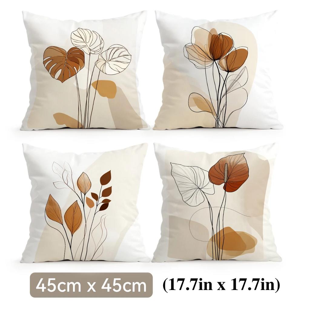 4 Pcs Minimalist Abstract Leaves Single-Sided Printed Pillowcase Cushion Cover,Suitable For Living Room,Bedroom,Car Decoration