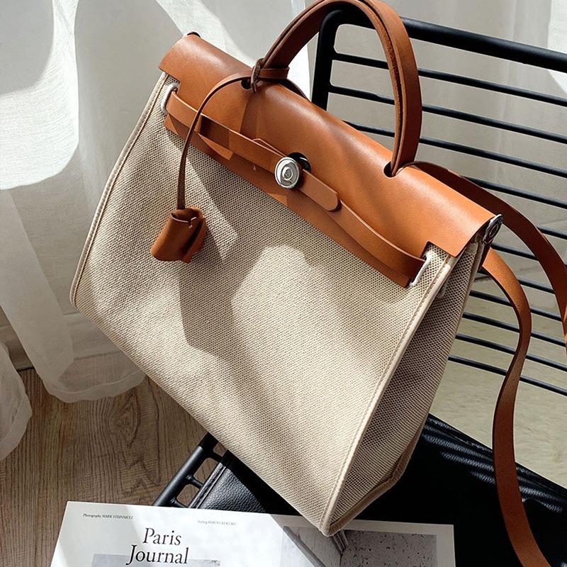 Tasche Rindsleder Canvas Farbblockdesign Große Kapazität Pendler Schulter Umhängetasche Handtasche