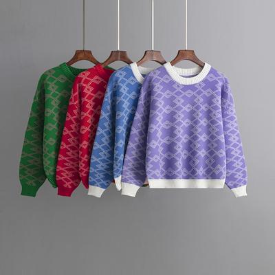 Damen Jacquard Langarmpullover für Herbst und Winter Lockeres und vielseitiges Rundhalsoberteil