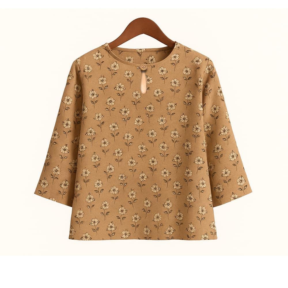 Vintage Casual Blouse, For Women, Elastic Hemp, Floral Print, Round Neck, Three-Quarter Sleeves, Elegant Loose Top