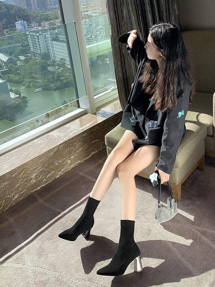2025 Spring and Autumn Fashion Versatile Single Boots Versatile Short Boots Pointed Thick Heel High Heel Martin Boots Knitted Stretch Socks Women
