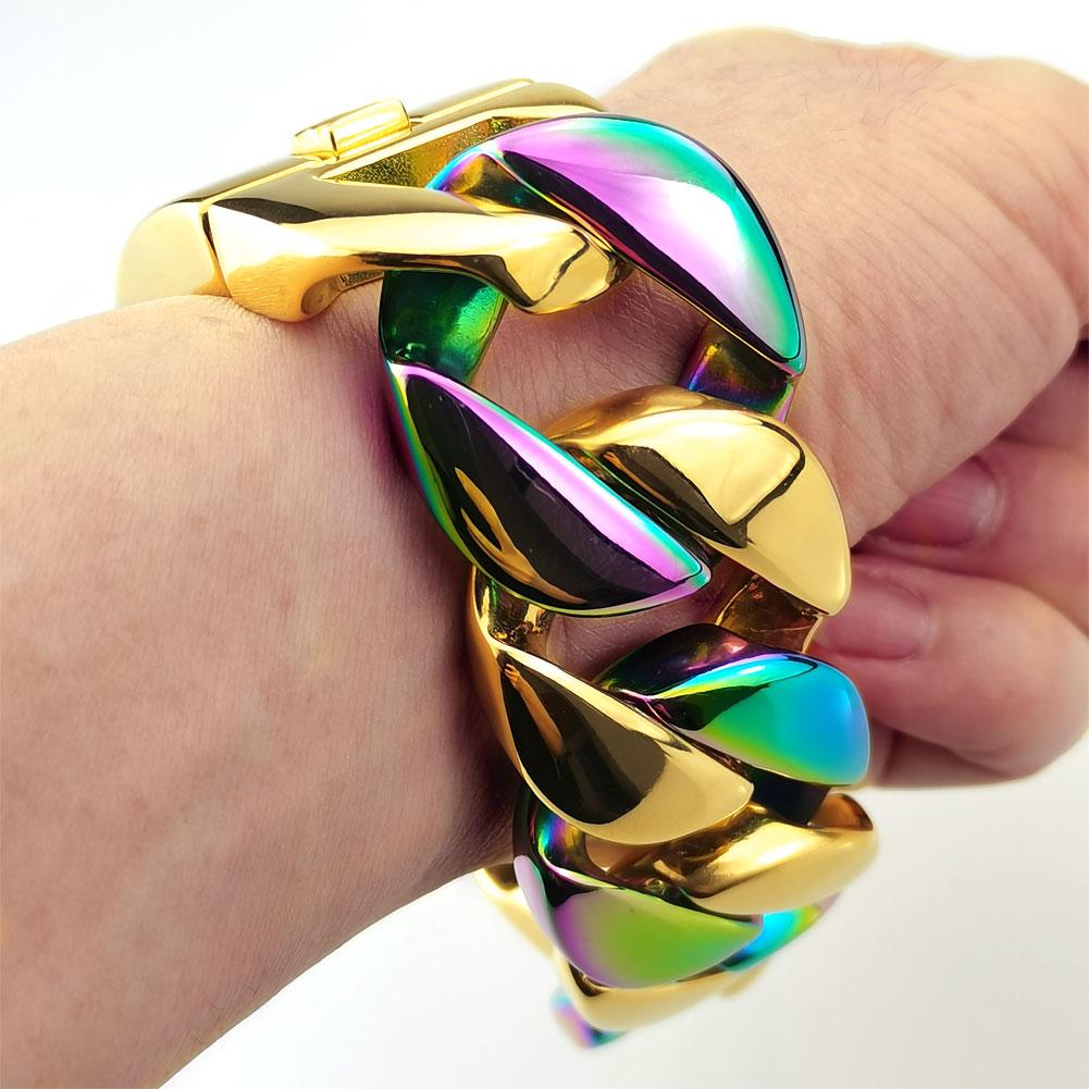 

32mm width bling massive 316L stainless steel gold & iridescent Hip hop bracelet designer chrams 20cm(7.8inch)