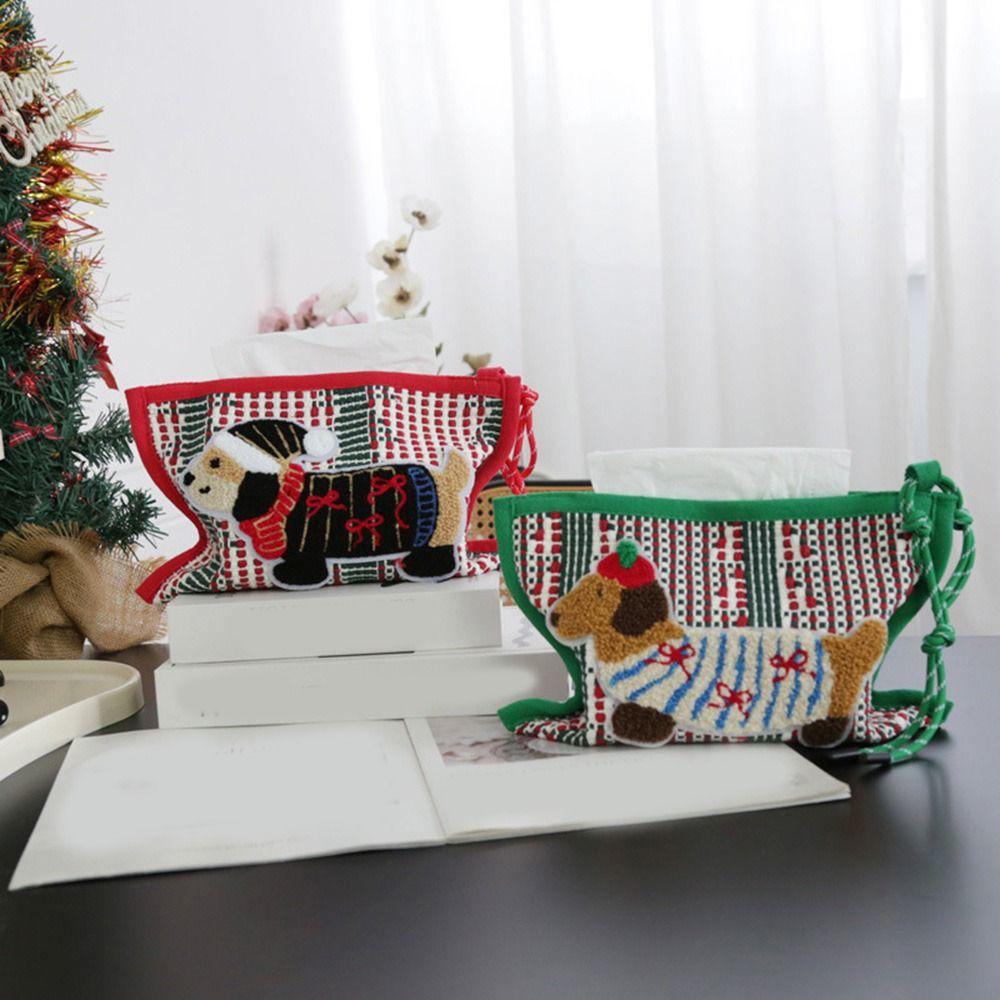 Hanging Woven Tissue Bag Rustic Style Paper Towel Bag Creative Dachshund Tissue Box Christmas