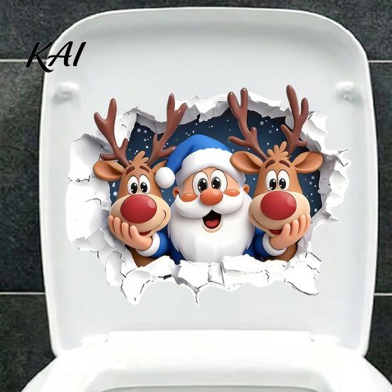 DIY Room Beautification Stickers Christmas Santa Claus And Elk Toilet Stickers, 3D Wall Breaking Decals, Decorative Window Films for Waterproof