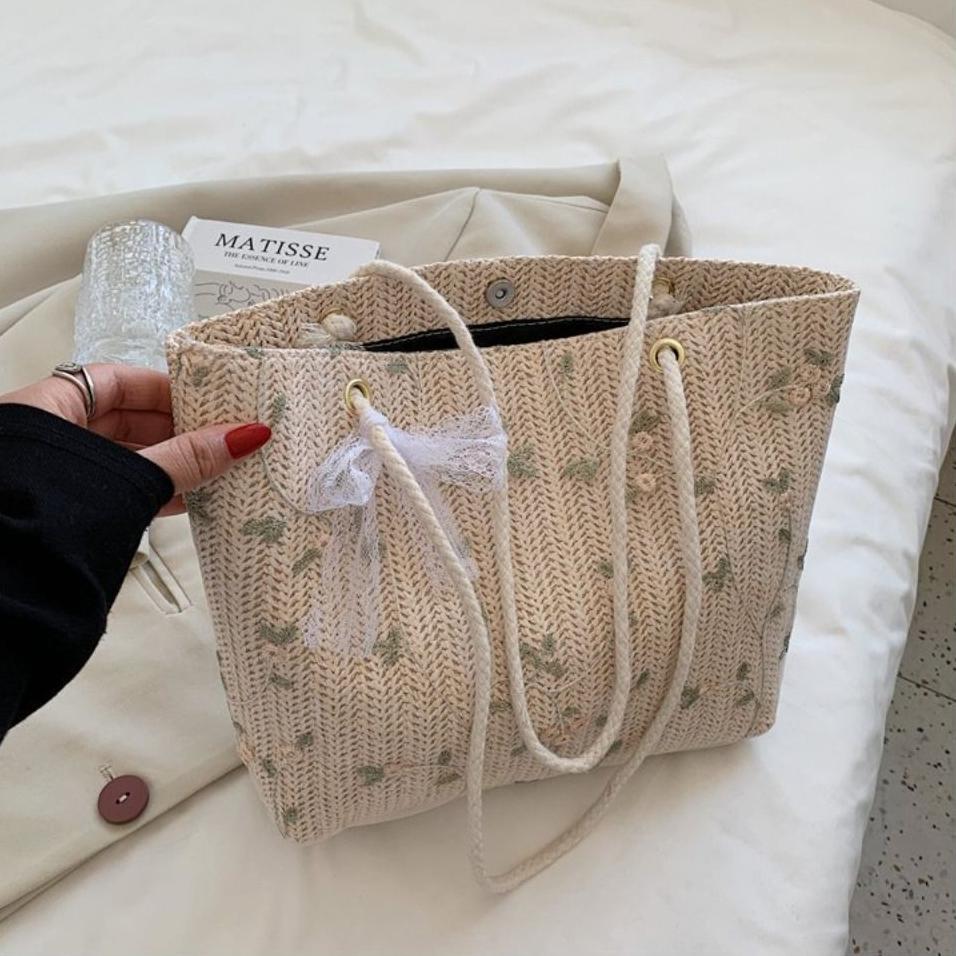 Travel Straw Shoulder Bag Summer Women's Totes Bag Ins Lace Straw Bag  for Ladies