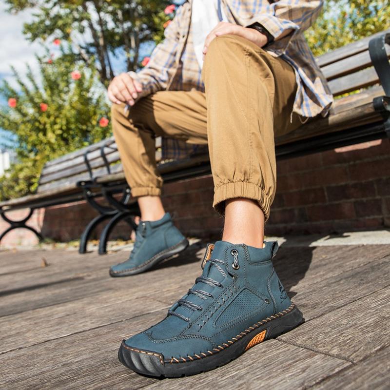 Women/ Men's PU Leather Boots, Men's Fashionable Handmade Stitched Ankle Boots, Flat Bottomed Lace Up Casual Shoes