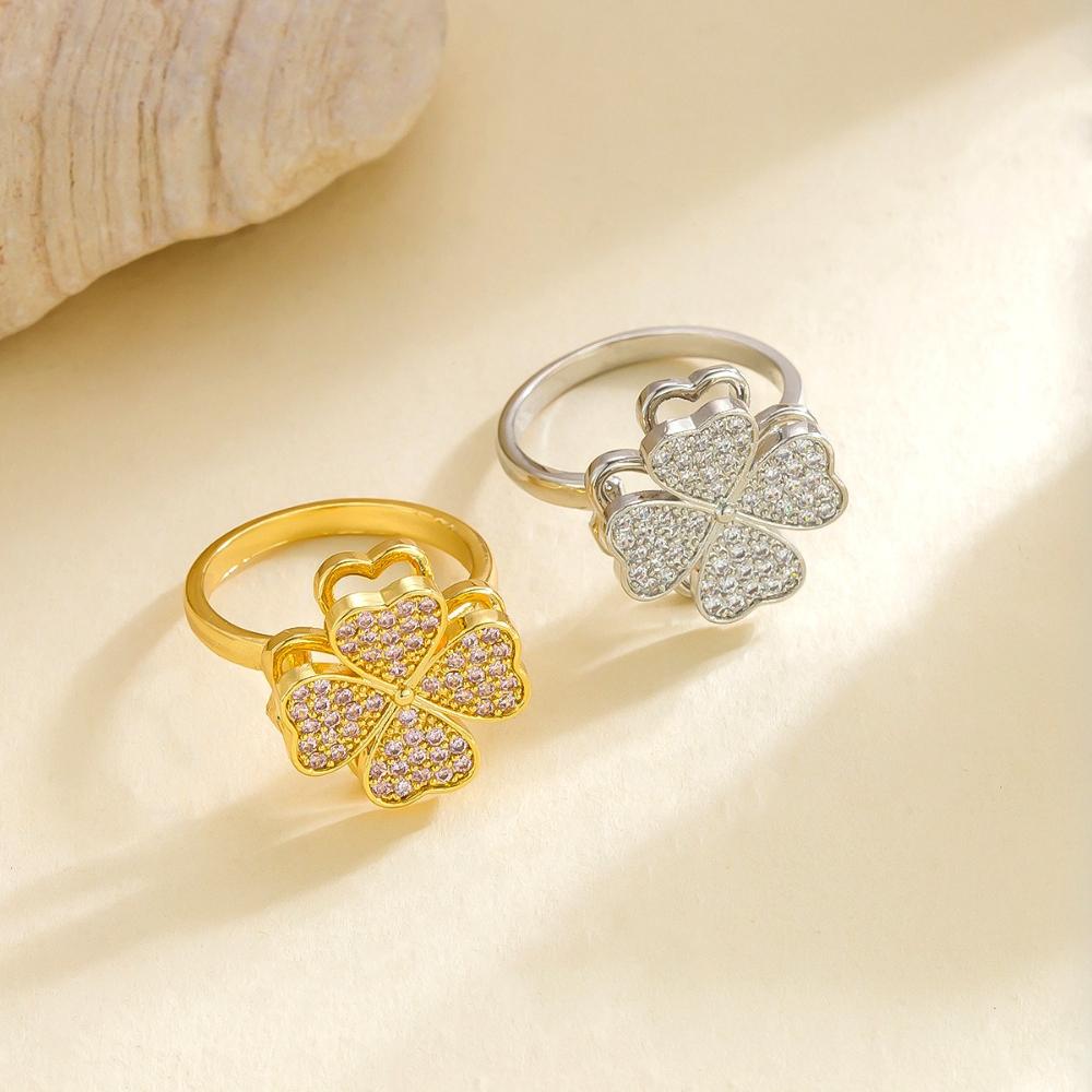 Exquisite Shining Full of Zircon Four-leaf Flower Rotatable Stainless Steel Adjustable Opening Rings for Women Designer Jewelry