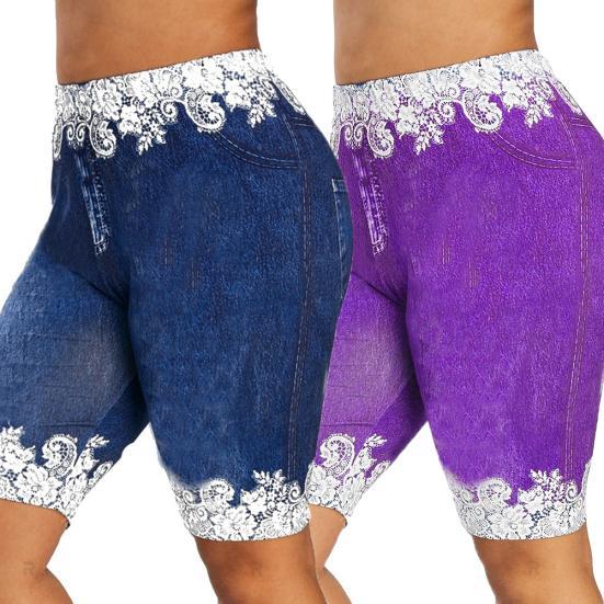 Women Fashion Lace Patchwork High Waist Leggings Denim Shorts Sports Minipants