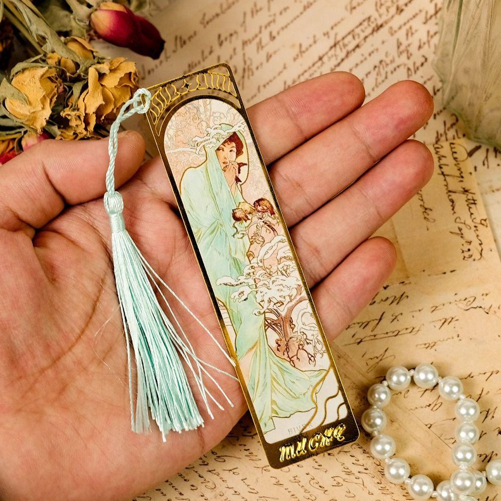 Mucha Retro Stil Quaste Metall Lesezeichen Ästhetische Lese Buch Büroklammer Buchliebhaber