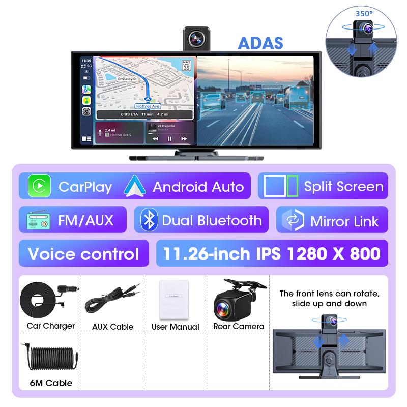 11.26 inch ADAS Car DVR 4K Dash cam Wireless Carplay Android Auto Bluetooth Dashboard Video Recorder Siri Voice Control FM AUX