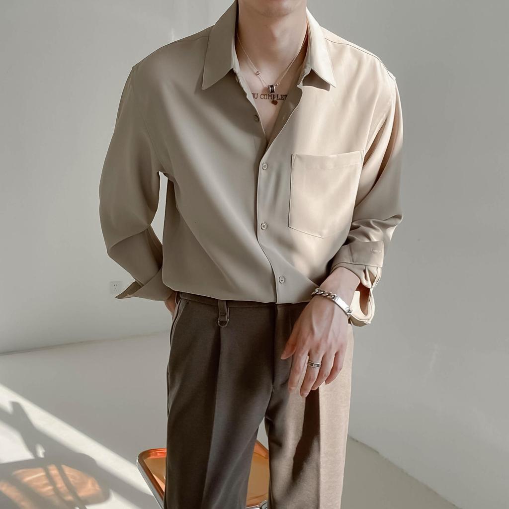 Men's Korean Style Long-Sleeve Solid Color Shirt - Trendy, Non-Iron, Versatile for Spring & Autumn