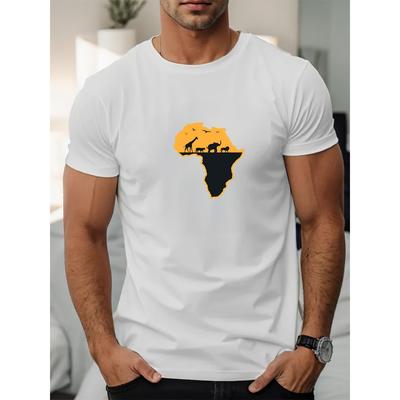 Men African Continent Print Casual Crew Neck Short Sleeve T-Shirt Regular Fit Stretch Cotton Polyester Blend Men Clothing