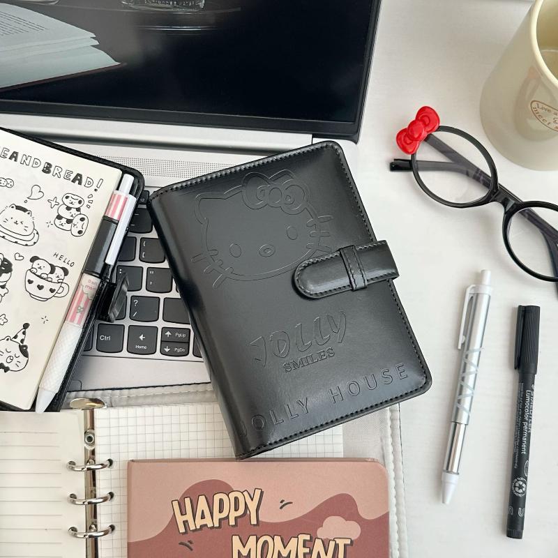 Kawaii Kitty A7 Retro Small Notebook Black Faux Leather Binder Portable Diary Set With Card Holder Student Stationery Supplies
