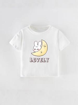 European Style Girls' Summer T-Shirt - Round Neck, Short Sleeve, Cute Cartoon Design for Toddlers and Kids