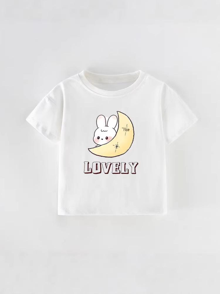 European Style Girls' Summer T-Shirt - Round Neck, Short Sleeve, Cute Cartoon Design for Toddlers and Kids