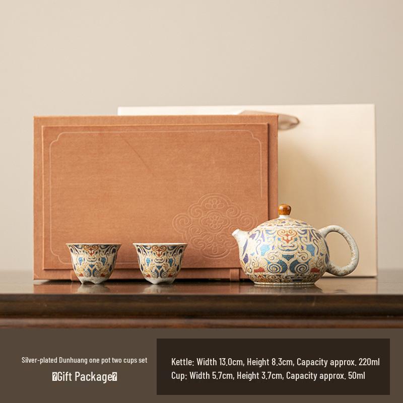 Silver-Plated Dunhuang Retro Gongfu Tea Set - Exquisite Ceramic Brewing & Drinking Utensils in Gift Box