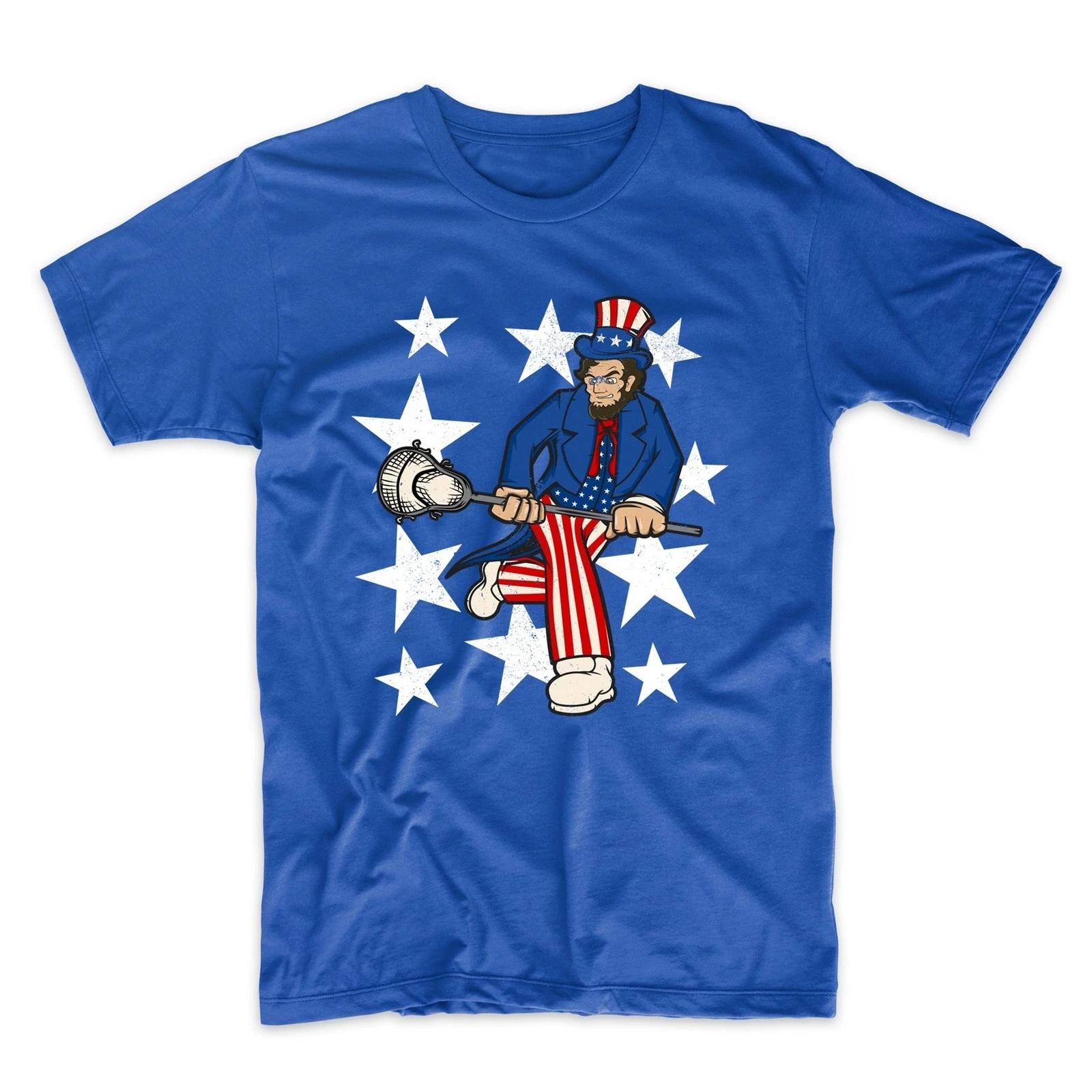 Abraham Lincoln Playing Lacrosse Funny 4th of July Lacrosse Blue T-Shirt 4XL