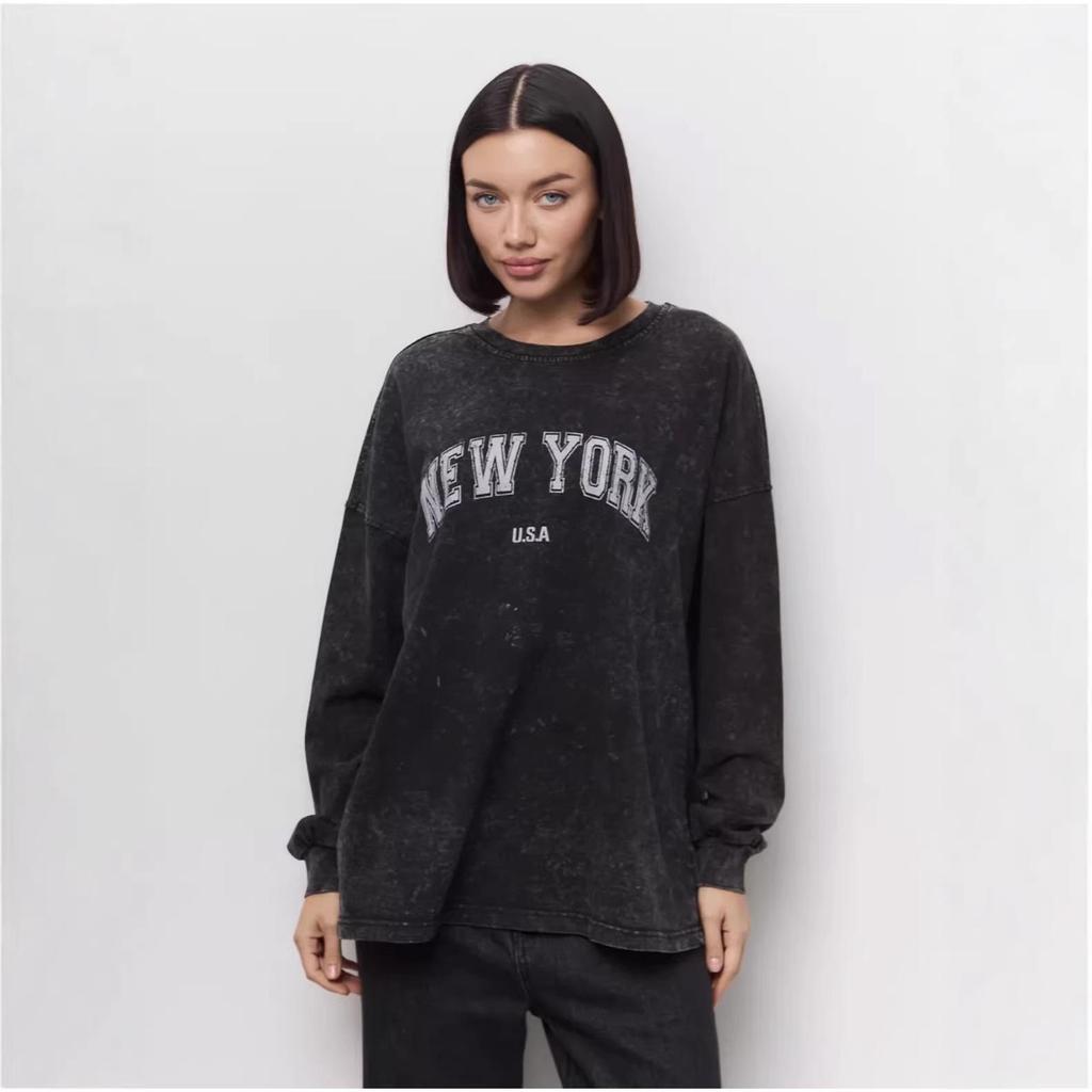 Vintage European-American Style Black Cotton Print Long Sleeve Slimming T-Shirt for Women