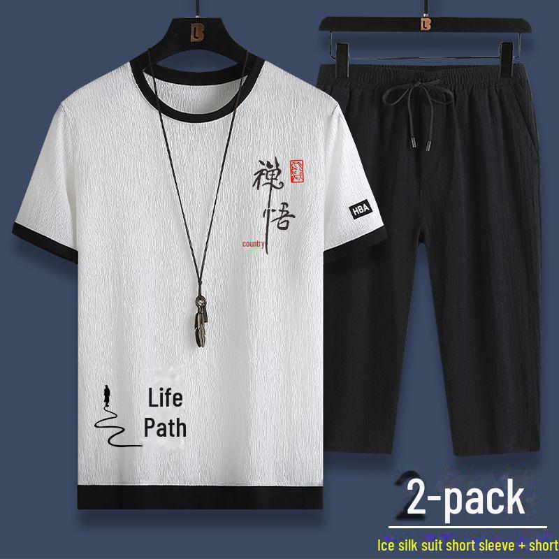 

Мужской повседневный спортивный костюм Ice Silk — свободный крой, модный топ с короткими рукавами и укороченные брюки, летний комплект из двух предметов. 3XL 150-165 lbs