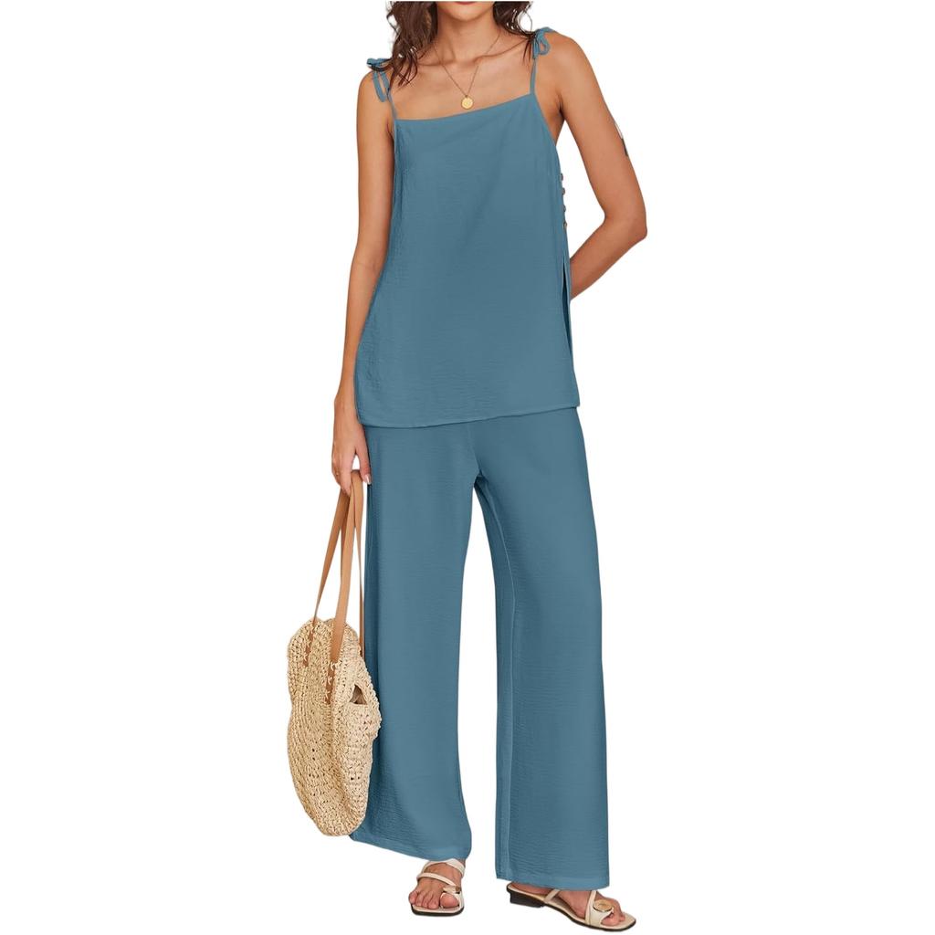 Women's Casual Summer Cotton And Linen Fashion Thin Shoulder Strap Vest Pants Set