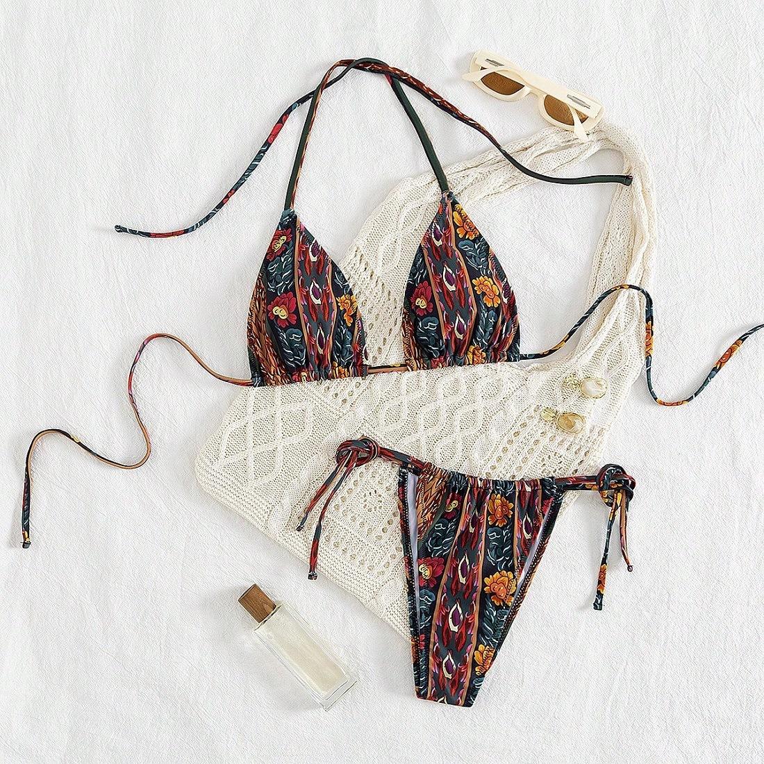 European and American digital print swimsuit with lace-up halter bikini split swimsuit S