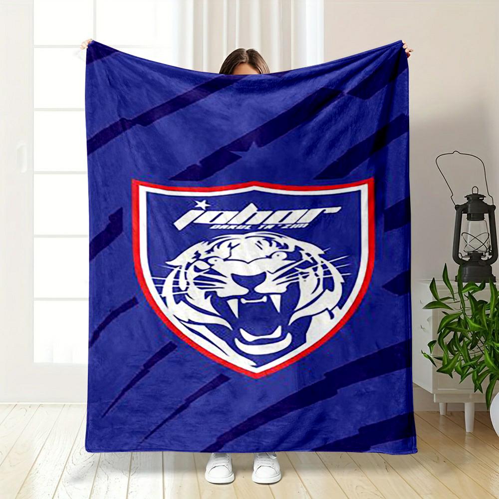 Tiger Emblem On Blue Background Printed Flannel Blanket for Bedroom, Living Room, Sofa, and Nap