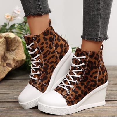 Spring Autumn Shoes NonSlip LaceUp Platform RoundToe New High Top Fashion Round Toe Spliced Leopard Front Lace Non Slip Wear Resistant Wedge Single