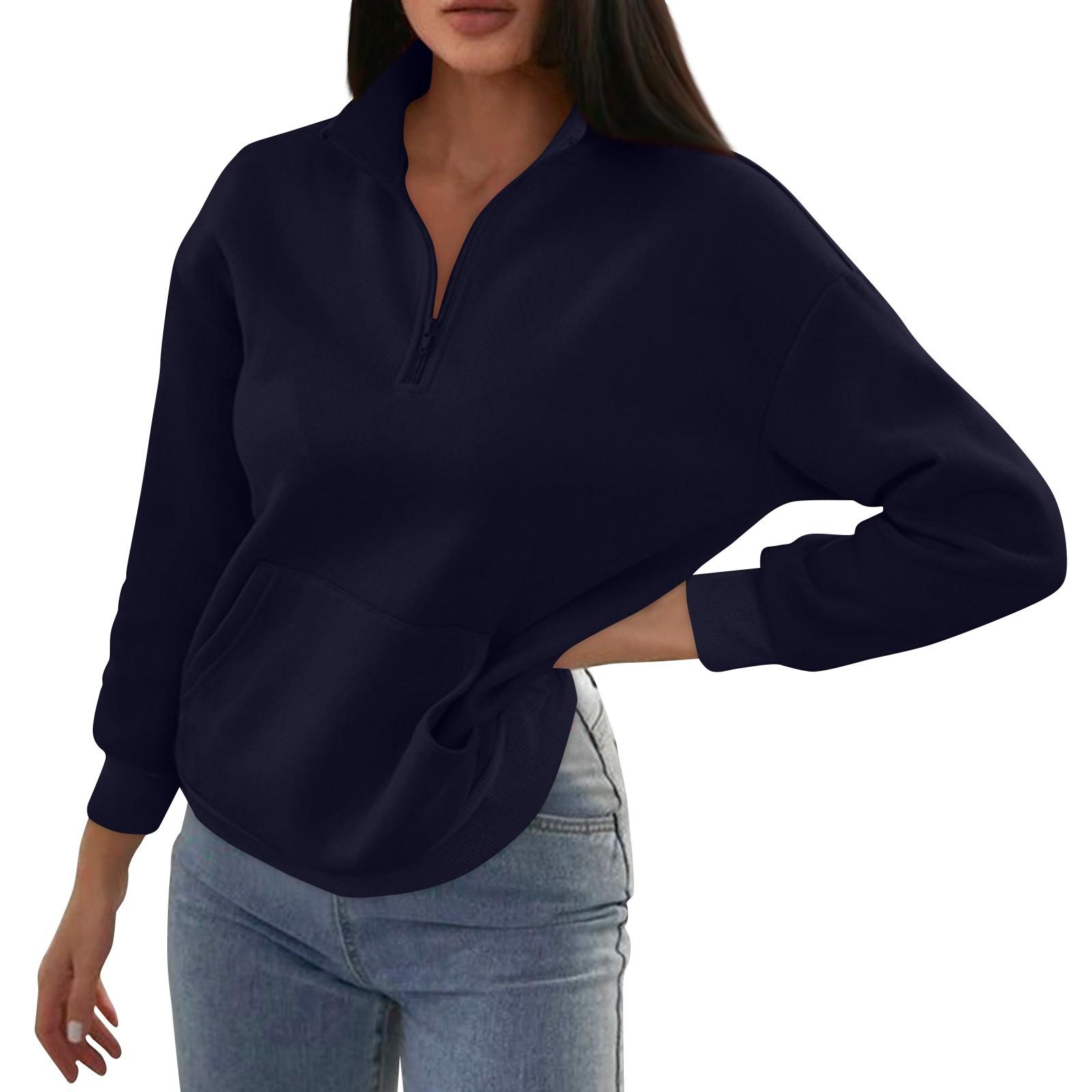 

Женская модная осенне-зимняя однотонная повседневная толстовка с карманом на молнии и воротником-стойкой S темно-синий