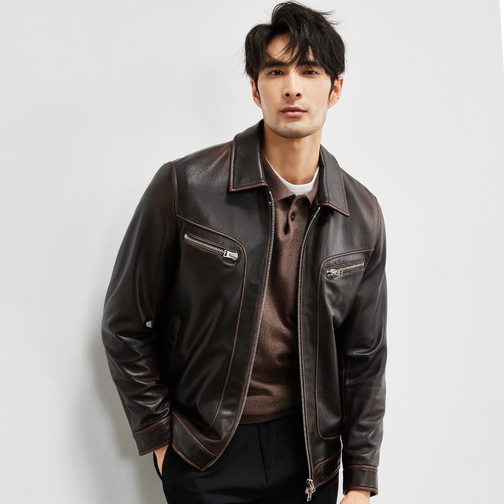 Мужская кожаная куртка American Retro из козьей кожи с короткими лацканами — фото 3