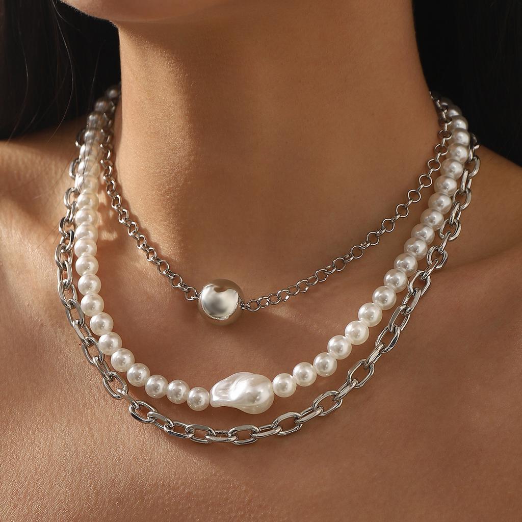 French temperament pearl mix and match light luxury geometric collarbone chain niche hollow chain multi-layer stacked necklace