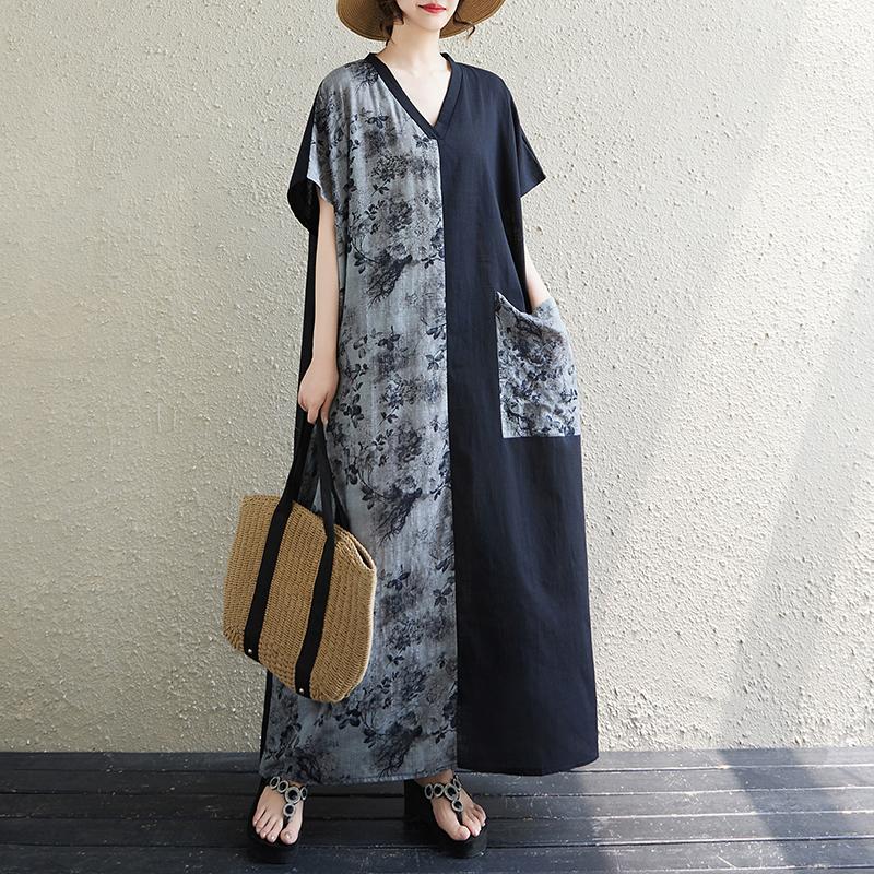 DIMANAF 2025 Women Plus Size V-Neck Summer Dress Printing Casual Basic Short Sleeve Dress Loose Long Dress