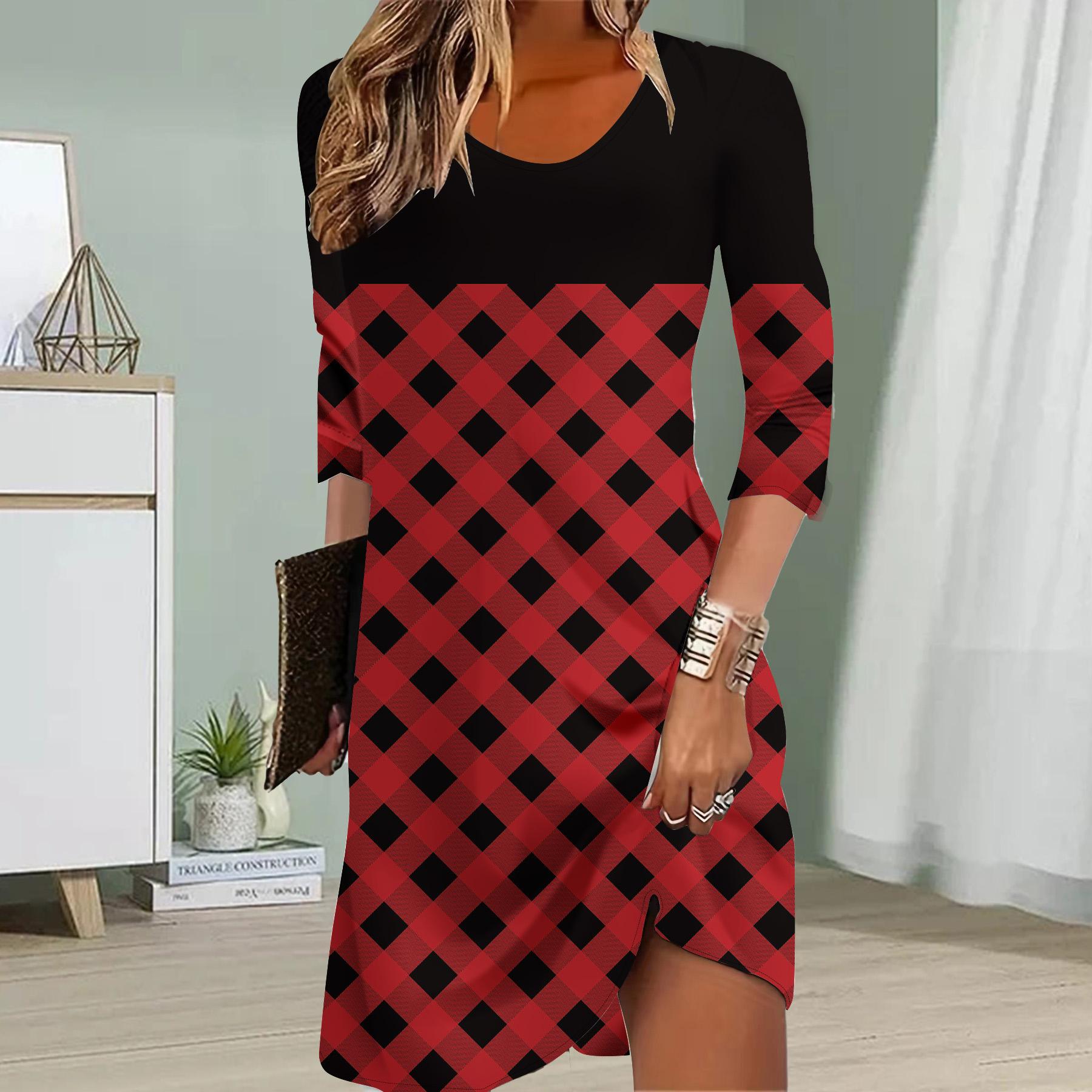 

Женское повседневное платье Осенние платья с принтом в сетку для женщин с круглым вырезом и коротким рукавом Платье размера плюс XS красный