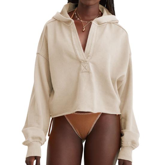 Women's Cropped Sweatshirt Loose Long Sleeve V Neck Hoodies Casual Hooded Pullover Crop Workout Top
