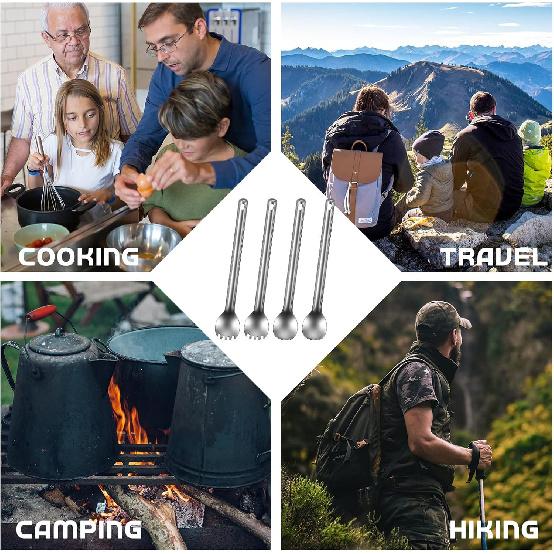 Minatee 4 Pieces Titanium Long Handle Spork and Spoon 8.4 Inch Ultralight Portable Flatware Lightweight Soup Spoon Camping Spork Utensil for Outdoor