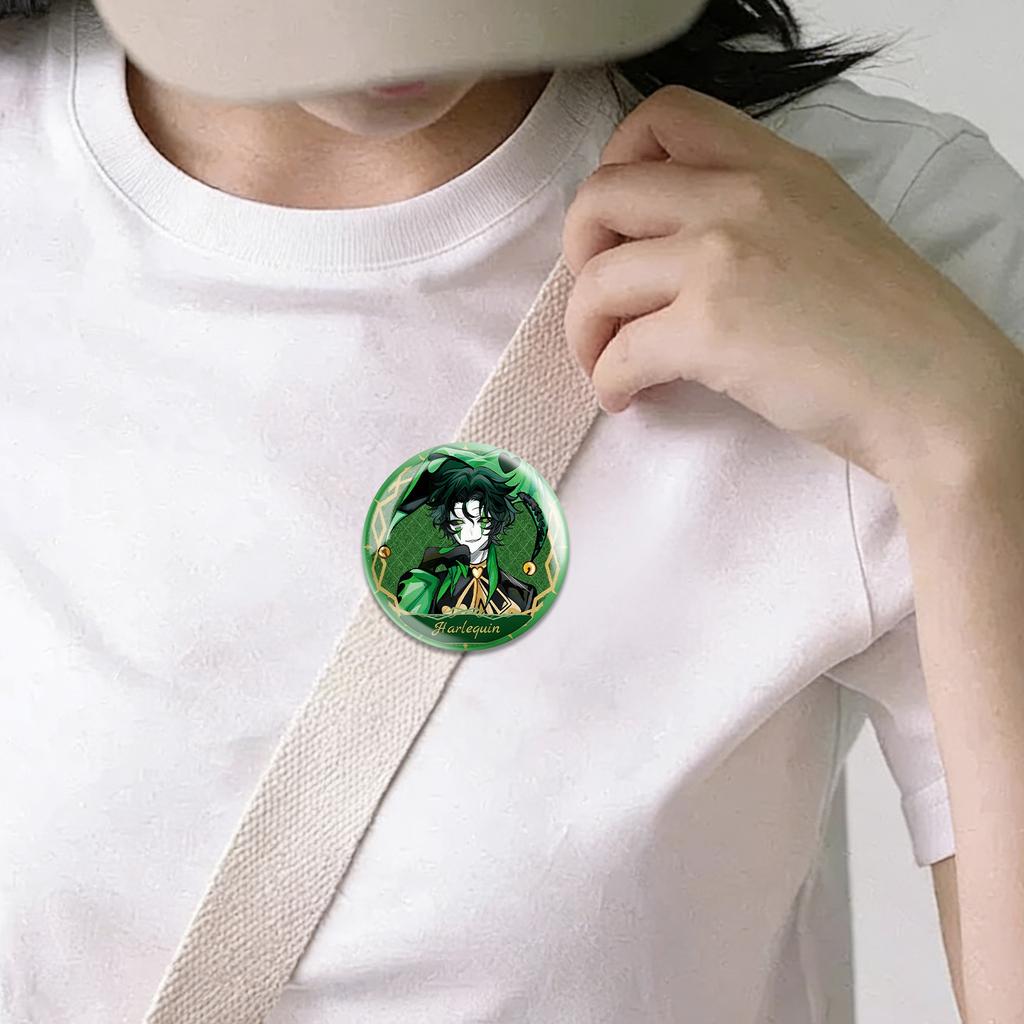 Round Metal Badge with Glitter Finish Featuring Circus Pierrot Character Design Durable Collectible Pin for Bags Jackets and Accessories
