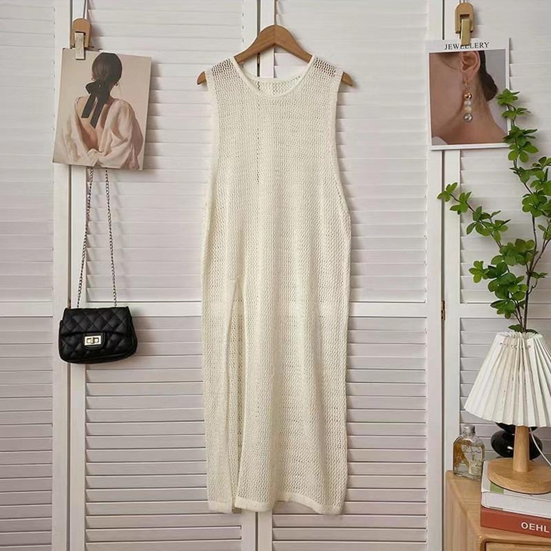

Fashion Sleeveless Knitted Thin Women Cover Up O-neck Casual Loose Dress Hollow Out Split Blouse Solid Color Elegant Summer Tops Long Shirts One size